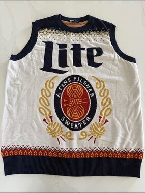 Miller Lite Men’s White & Navy Sleeveless Sweater Vest